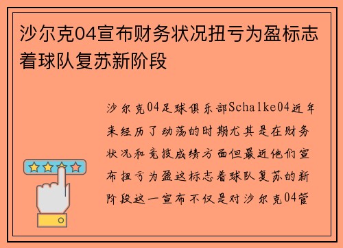 沙尔克04宣布财务状况扭亏为盈标志着球队复苏新阶段